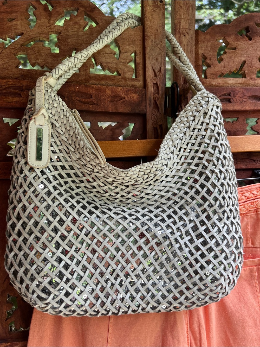 Sisley Vintage Woven Sequin Hobo Bag - Cream